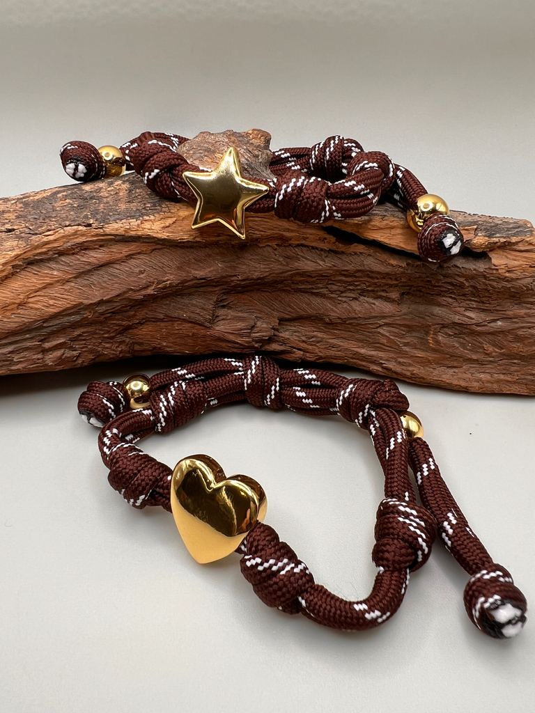 Pulsera Cordón Marrón Estrella- Corazón 