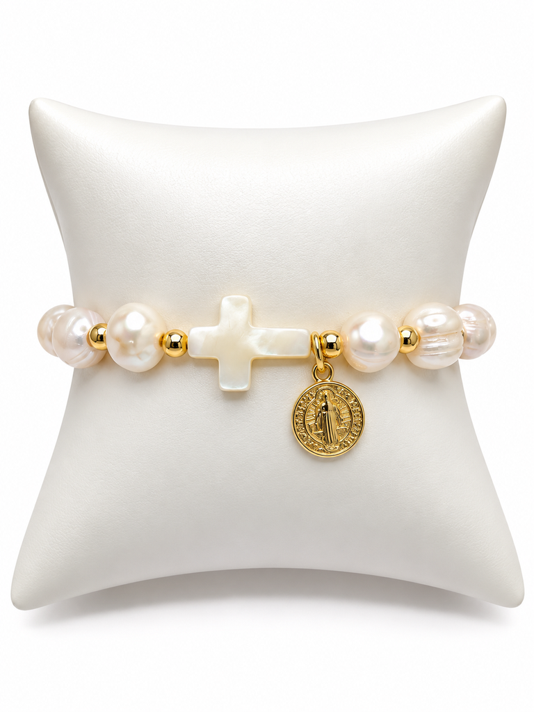 Pulsera Cruz Nácar y San Benito 