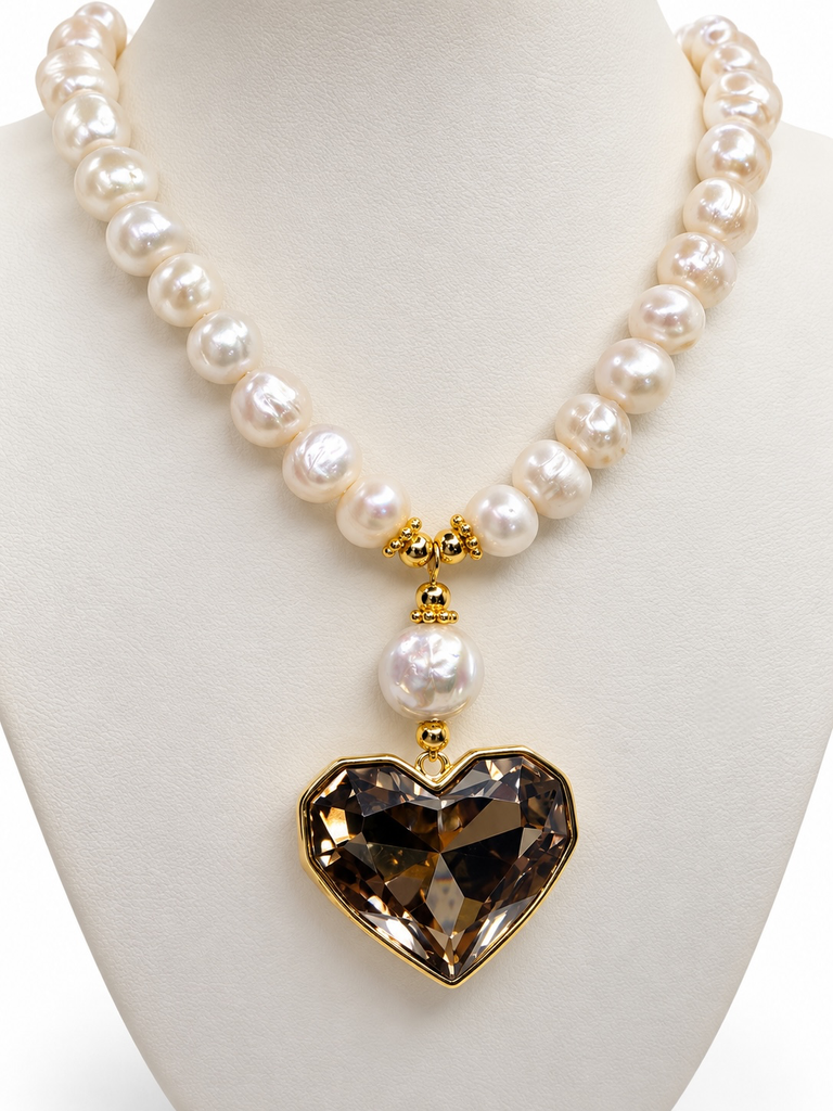 Cadena Perlas Corazón Cristal Marrón 