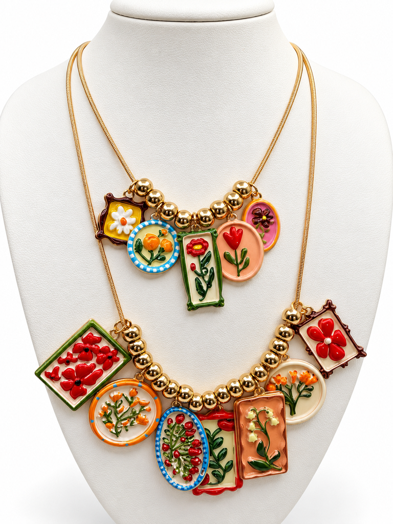 Collar Doble Charms Hojas Largo 