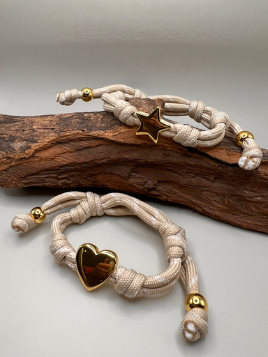 [D. 338] Pulsera Cordón Beige Estrella- Corazón 