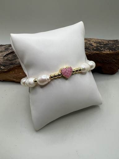 [P- 031] Pulsera Corazón Rosa & Perlas 